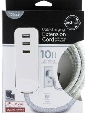 USB Charging Extension Cord 10ft in Gray - NIB $30 MSRP